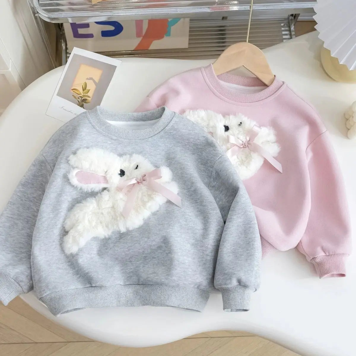 Girls Long Sleeved Sportswear 3-10 Years Old Children Cartoon 3D Plush Rabbit Hoodie Autumn Little Girl Cute Round Neck Top