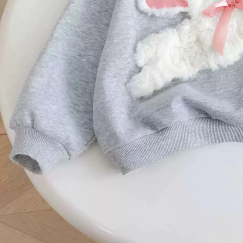 Girls Long Sleeved Sportswear 3-10 Years Old Children Cartoon 3D Plush Rabbit Hoodie Autumn Little Girl Cute Round Neck Top