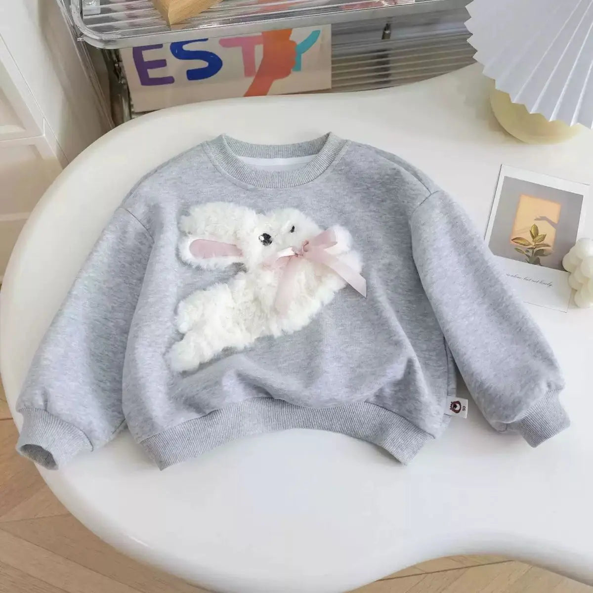 Girls Long Sleeved Sportswear 3-10 Years Old Children Cartoon 3D Plush Rabbit Hoodie Autumn Little Girl Cute Round Neck Top