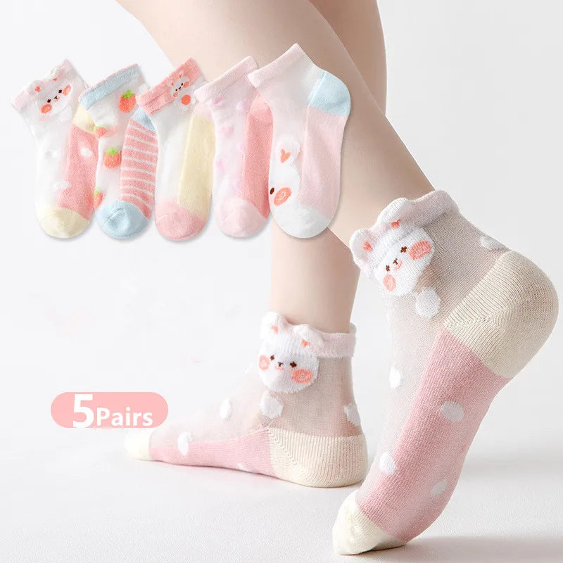 5Pairs/Lot Summer Soft Cotton Girl Socks Breathable Children Short Ankle Socks Kids Lace Princess Mesh Cartoon Socken