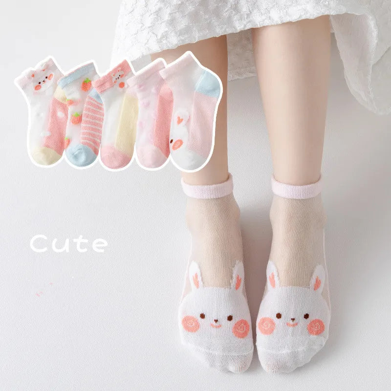5Pairs/Lot Summer Soft Cotton Girl Socks Breathable Children Short Ankle Socks Kids Lace Princess Mesh Cartoon Socken
