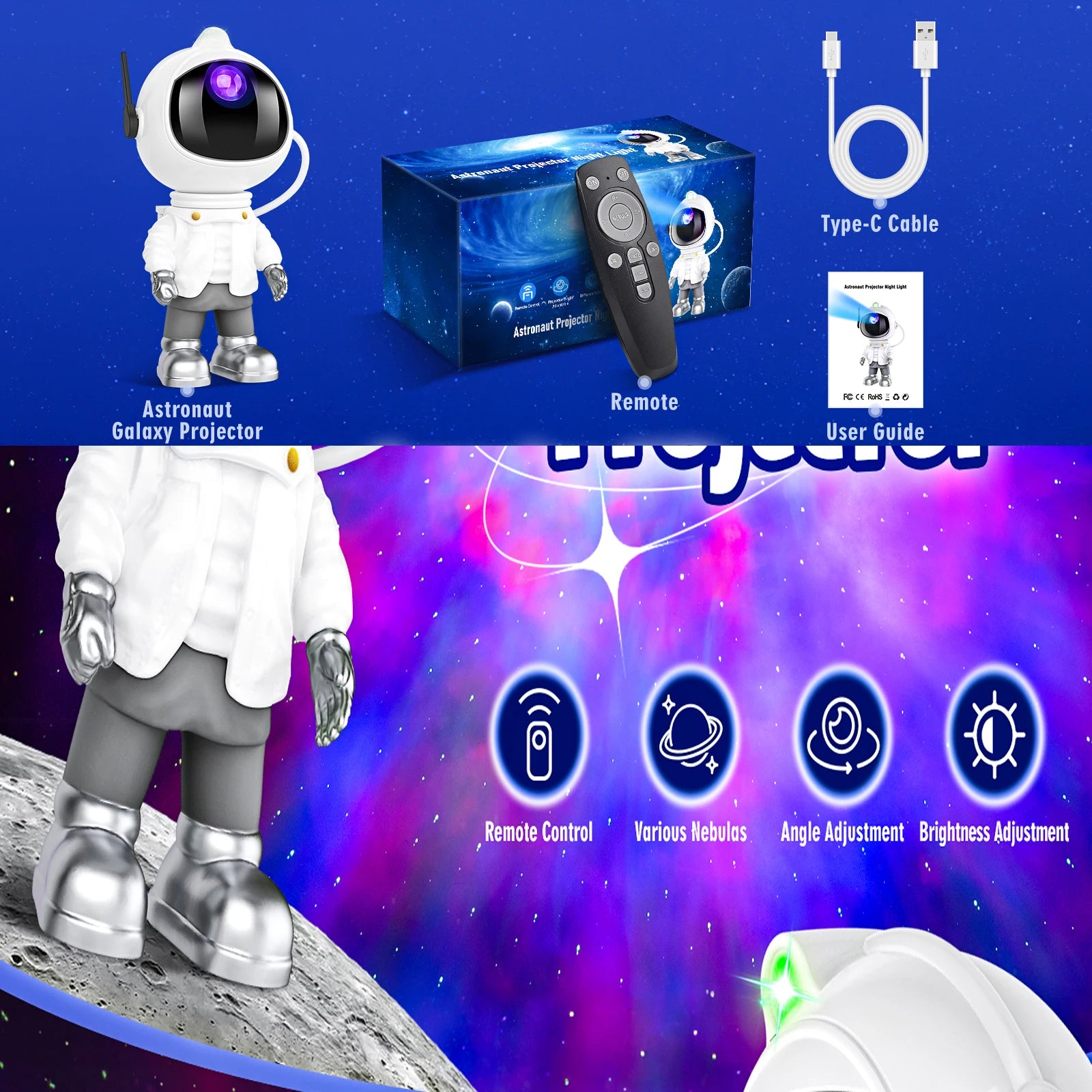 Astronaut Starry Sky Night Lamp Projector Light for Bedding Sleeping Lens Laser Nebula Atmosphere Lamp for Birthday Gift