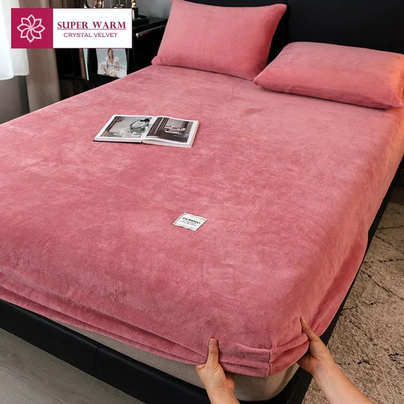 Soft Warm Plush Fitted Sheet Elastic Mattress Cover Fluffy Coral Fleece Bed Linen Winter Couple Luxury Double Bed Bedding