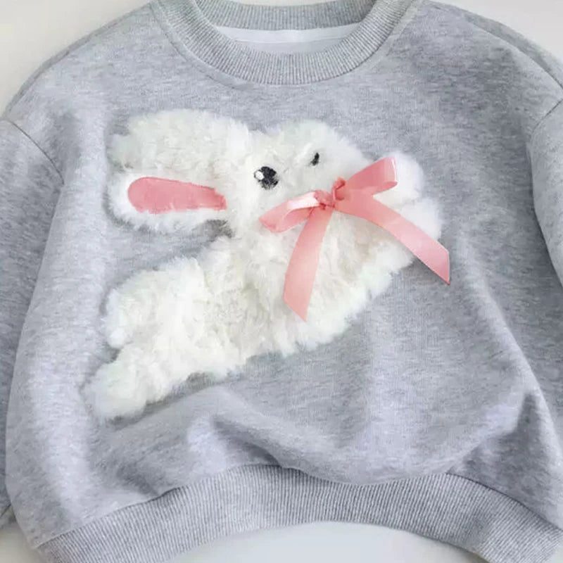 Girls Long Sleeved Sportswear 3-10 Years Old Children Cartoon 3D Plush Rabbit Hoodie Autumn Little Girl Cute Round Neck Top