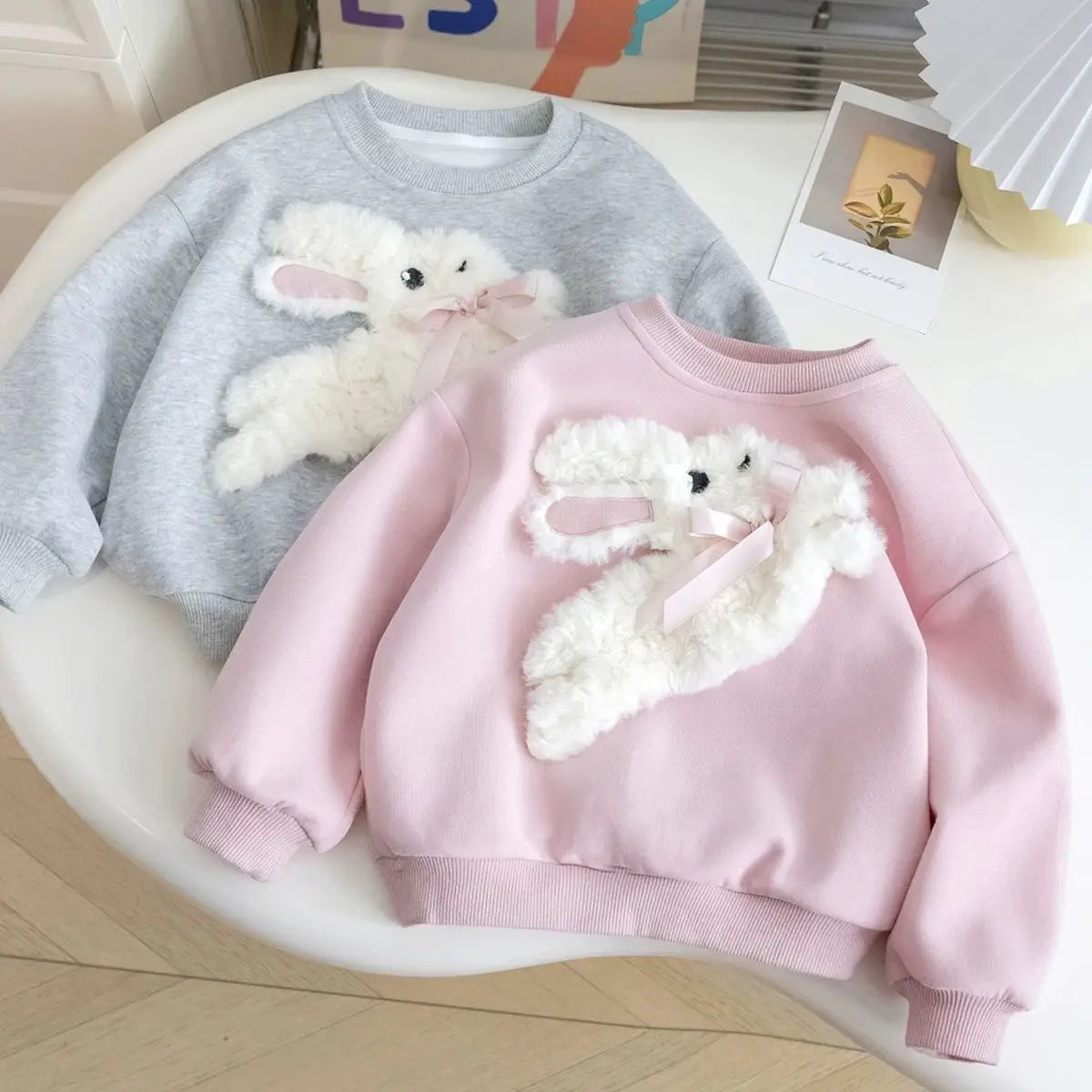 Girls Long Sleeved Sportswear 3-10 Years Old Children Cartoon 3D Plush Rabbit Hoodie Autumn Little Girl Cute Round Neck Top