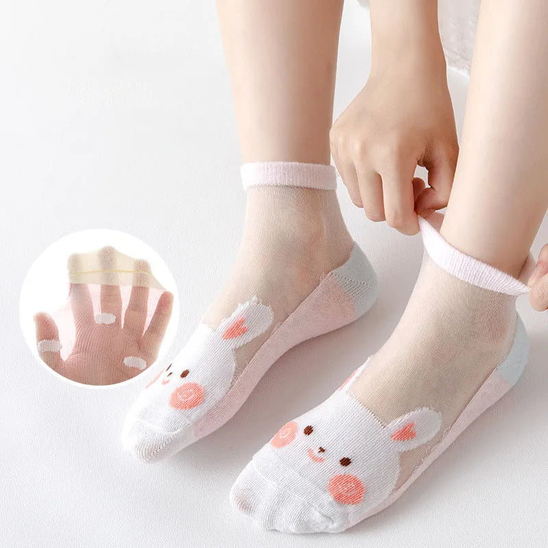 5Pairs/Lot Summer Soft Cotton Girl Socks Breathable Children Short Ankle Socks Kids Lace Princess Mesh Cartoon Socken
